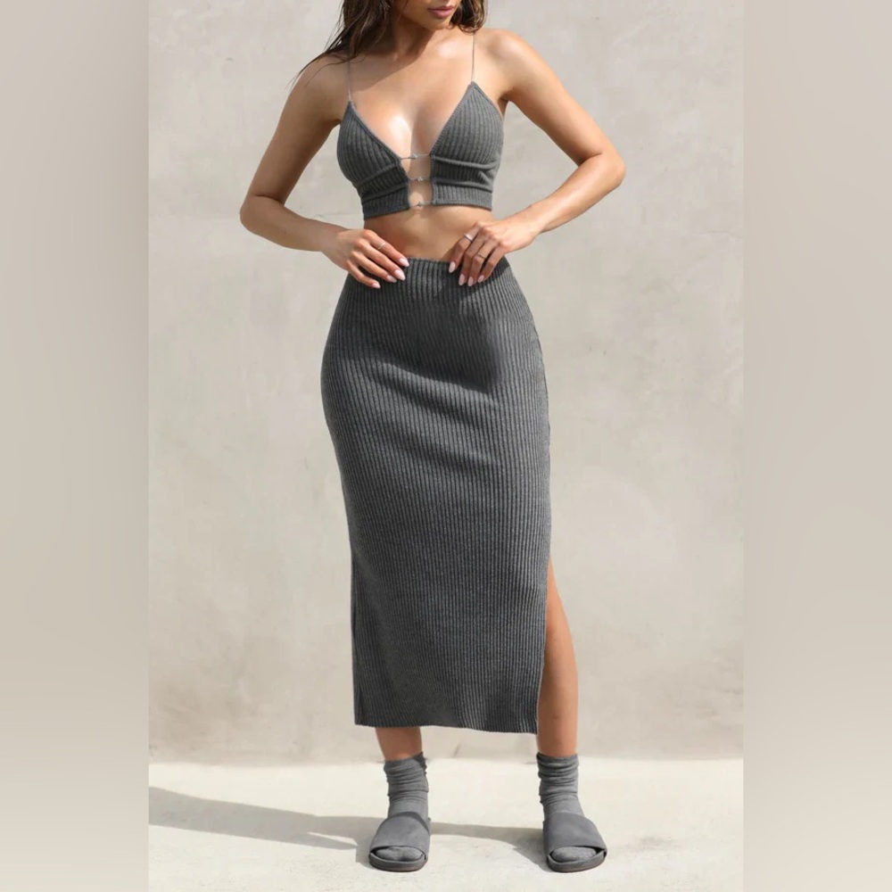 Joah Brown Grey Ribbed Midi Skirt